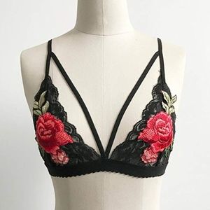 Strappy Black Lace Embroidered Rose Cage Bralette